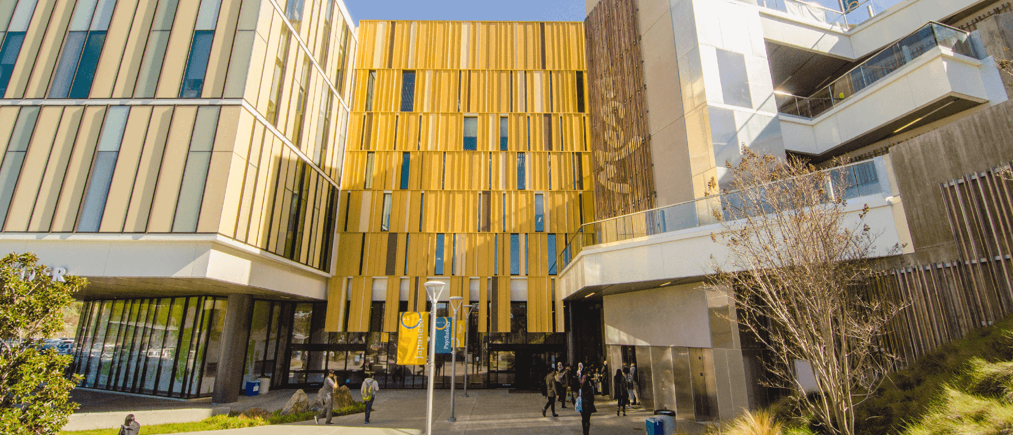 The entrance to the Student Services building at Mesa College. The building is yellow and has Mesa written vertically on the right side.
