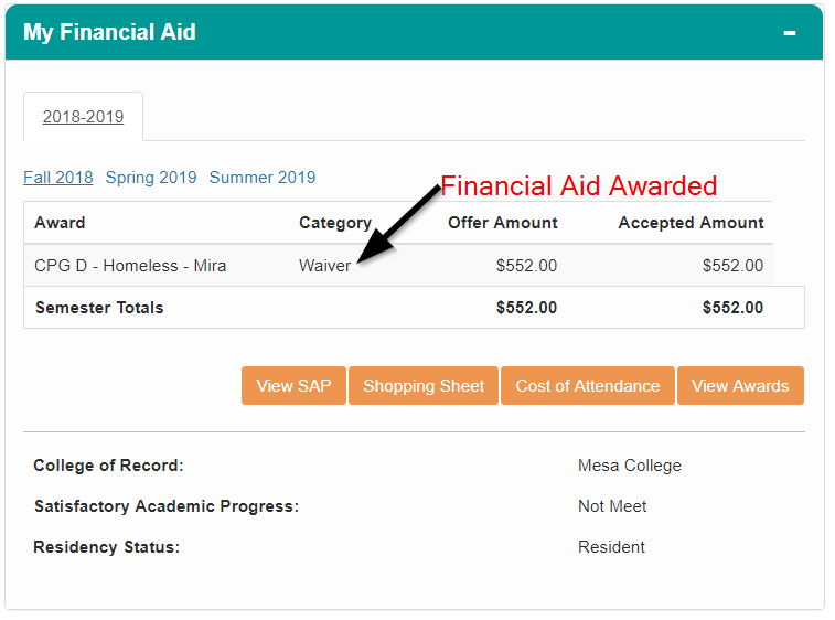 Financial Aid pagelet screenshot Financial Aid pagelet screenshot