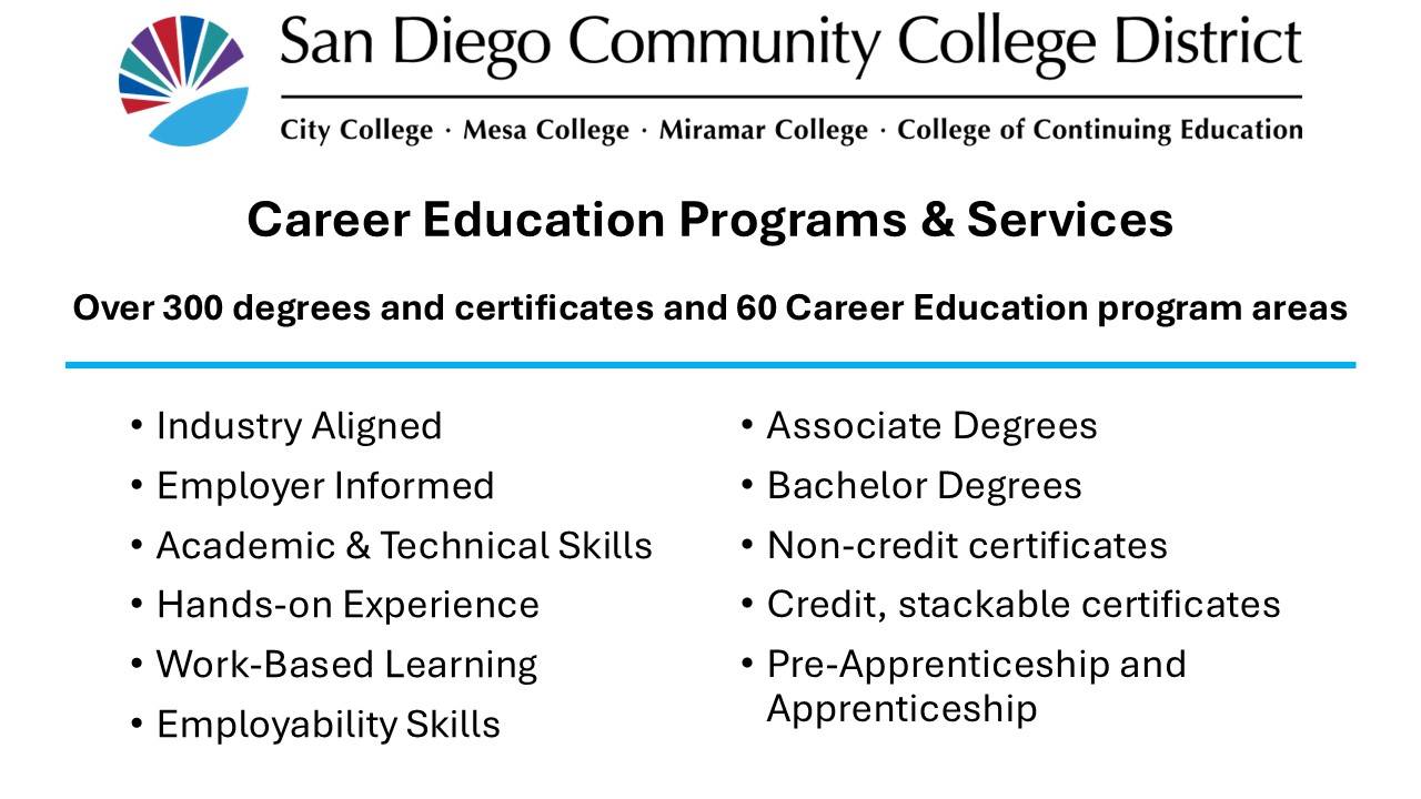 This image describes CTE programs at SDCCD.