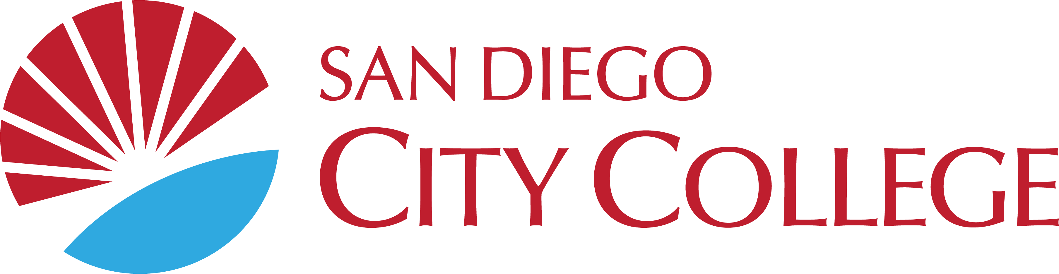 City-District Horizontal sunburst logo in red and cyan with san diego city college text to right