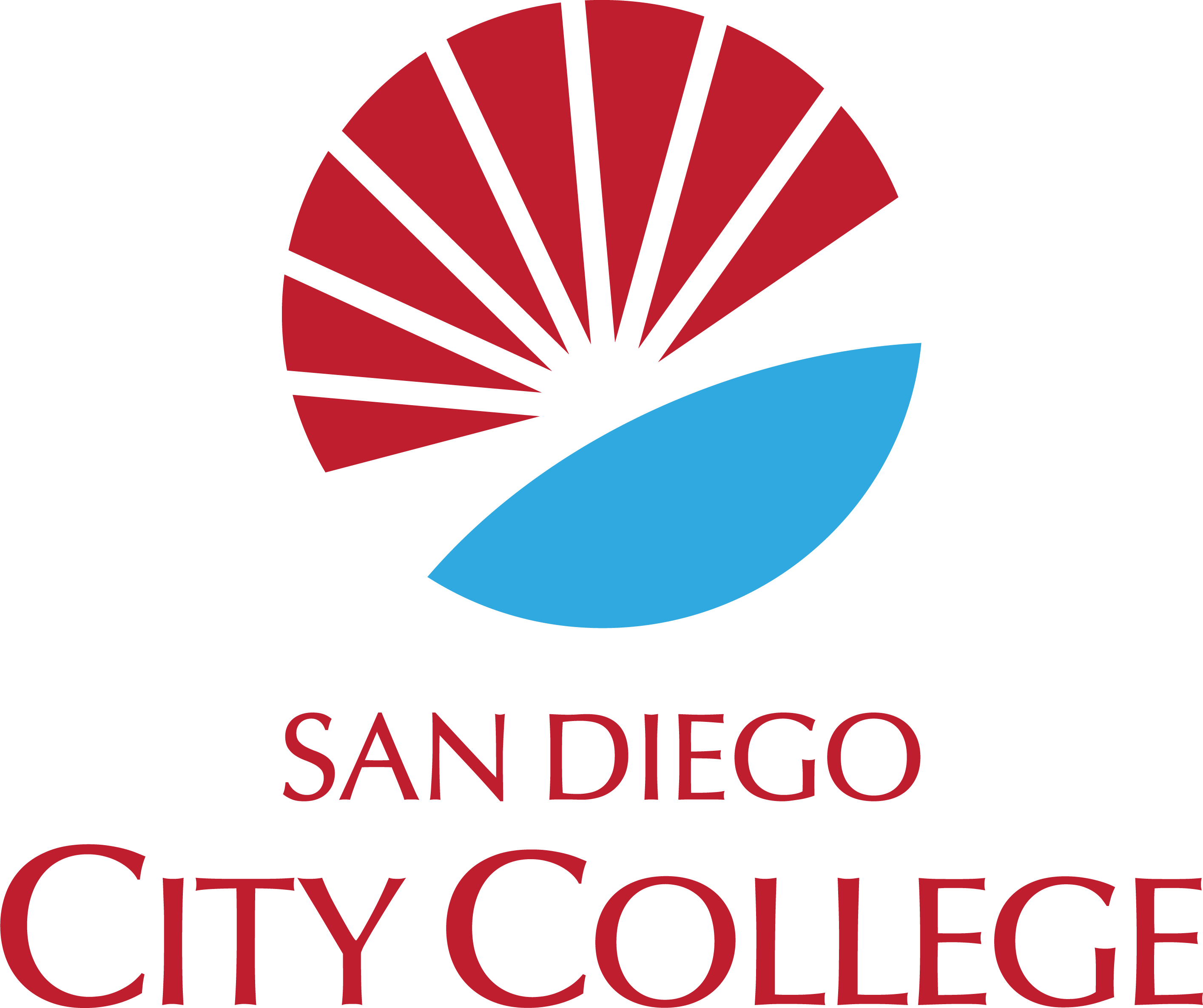 city district vertical sunburst logo in city college red and district blue next to red city college text