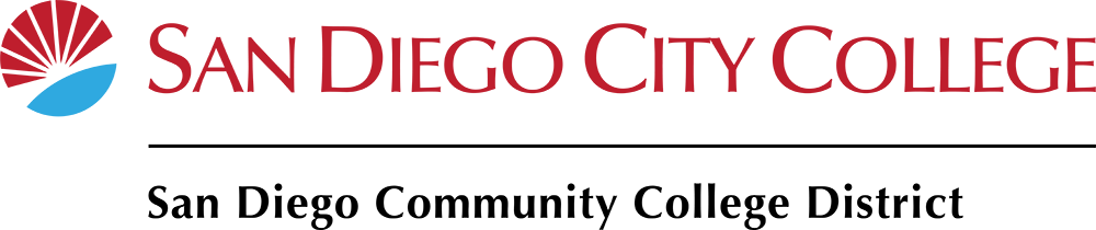 City-District 1 line sunburst logo in red and cyan with san diego city college text to right