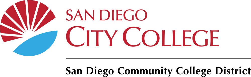 City-District Horizontal sunburst logo in red and cyan with san diego city college text to right