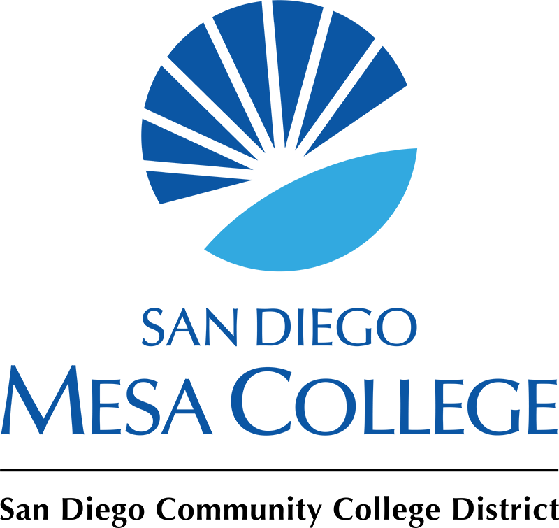 Mesa vertical color logo with District Text blue and cyan suburst logo on top of words san diego mesa college and san diego community college district