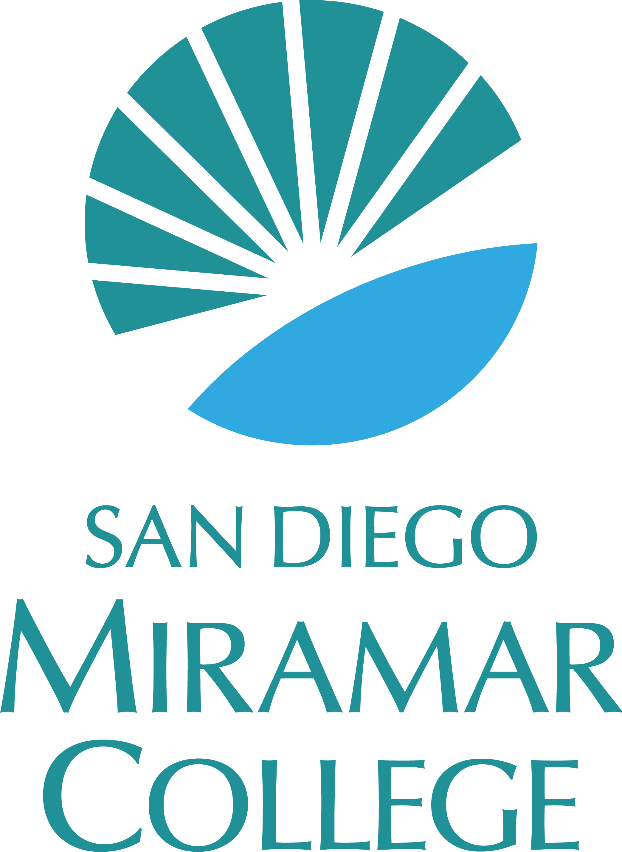 miramar-district vertical color logo teal and cyan sunburst logo next to wordmark text san diego miramar college
