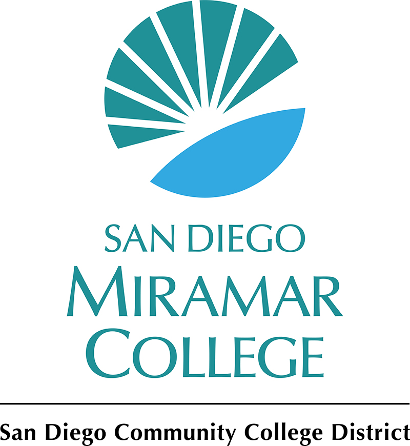 miramar vertical color logo with district text teal and cyan sunburst logo next to wordmark text san diego miramar college