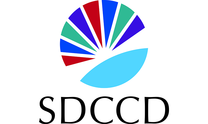 acronym vertical sunburst color logo atop sdccd text