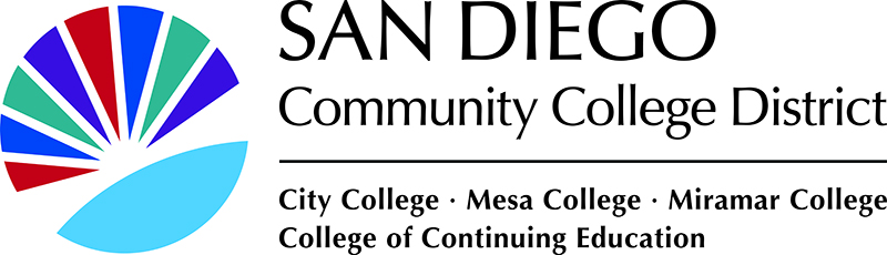 horizontal district tagline Sunburst logo with college colors and San Diego Community College District text at right and college names below District text