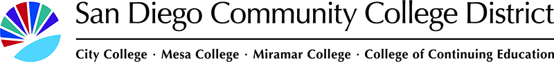 horizontal district tagline Sunburst logo with college colors and San Diego Community College District text at right and colleges below District text