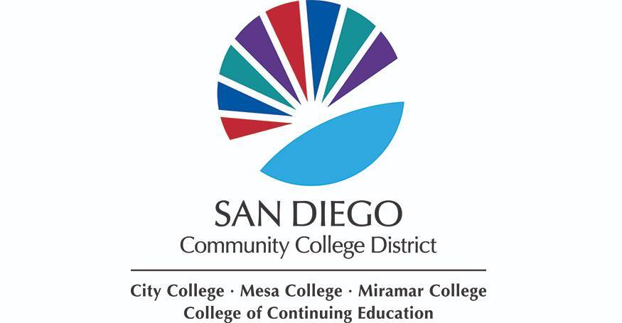 horizontal district tagline Sunburst logo with college colors and San Diego Community College District text at right and college names below District text