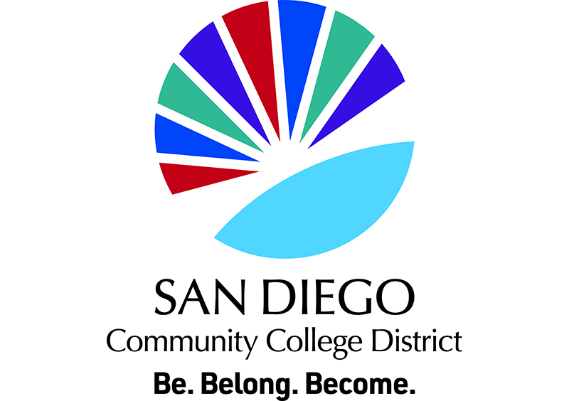 vertical district tagline Sunburst logo with college colors and San Diego Community College District text below and tagline be.belong.become below District text