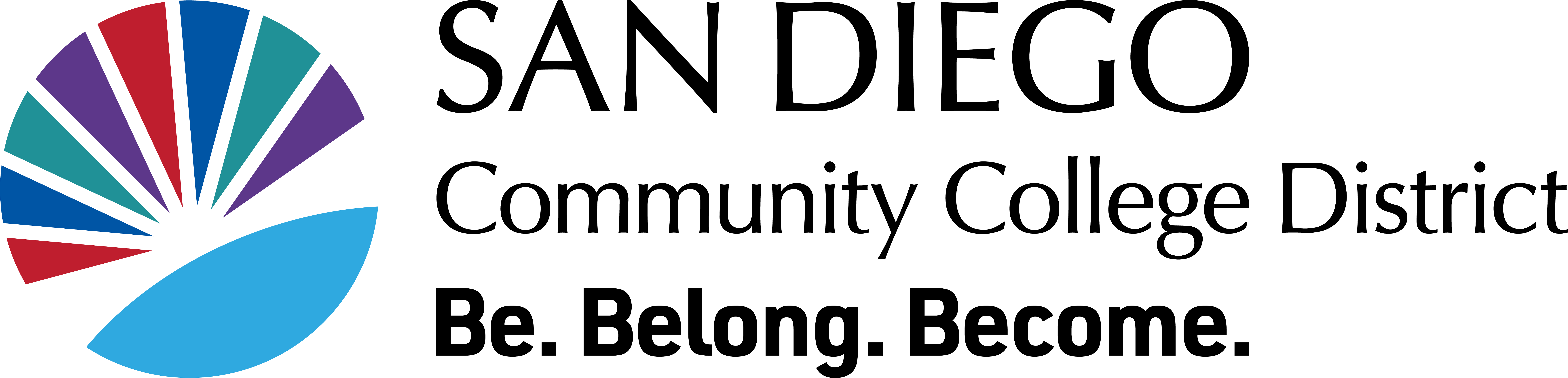 horizontal district tagline Sunburst logo with college colors and San Diego Community College District text at right and tagline be.belong.become below District text