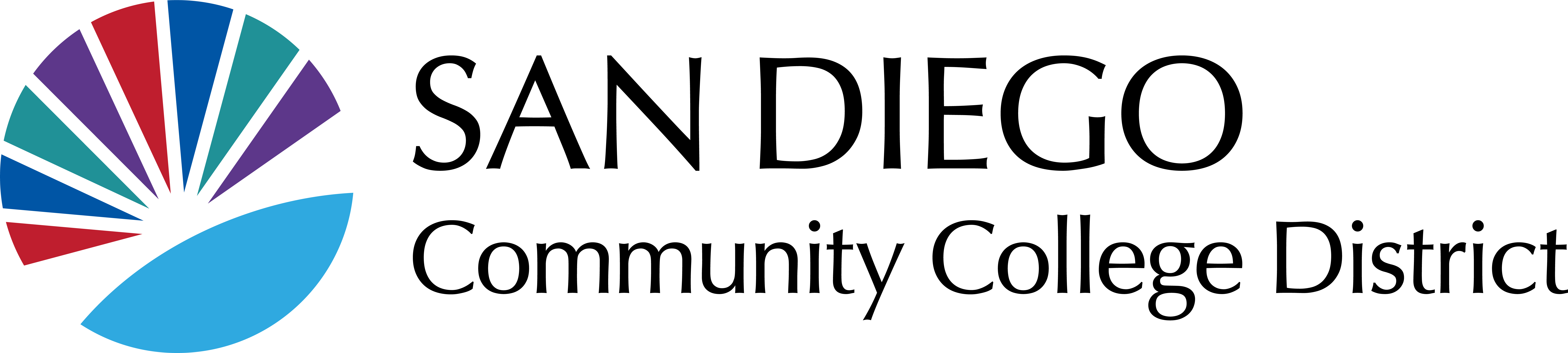 Primary Horizontal Sunburst logo with college colors and San Diego Community College District text to right