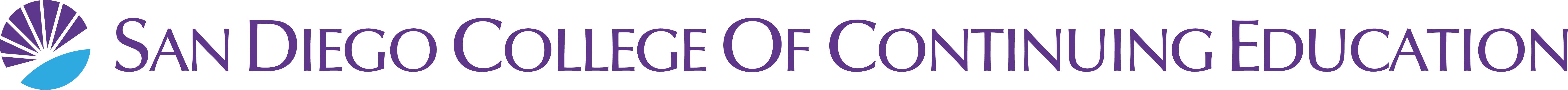 sdcce-district one line color logo purple and cyan sunburst logo next to wordmark san diego college of continuing education color one line logo