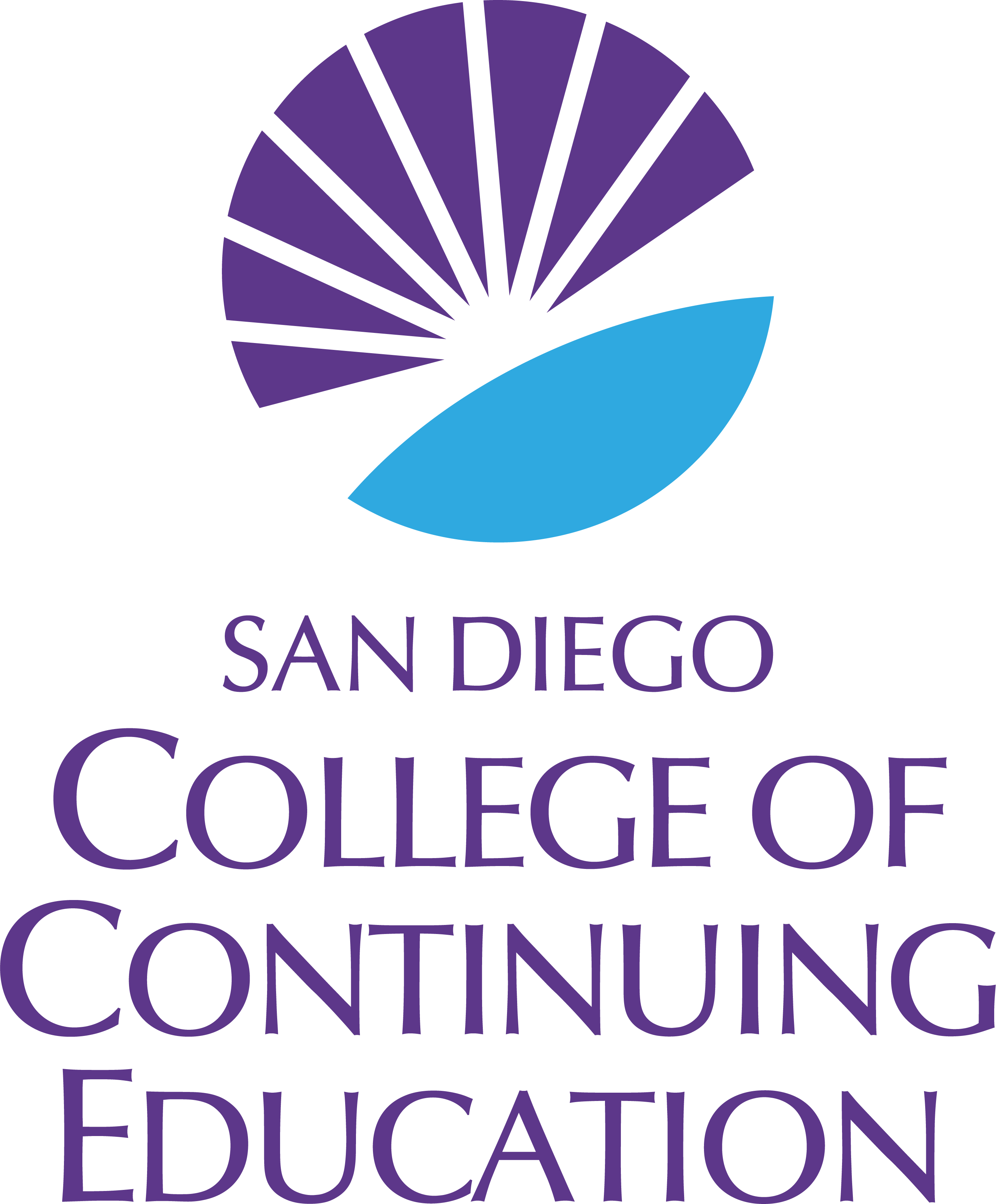 sdcce-district vertical primary color logo purple and cyan sunburst logo next to wordmark san diego college of continuing education color logo