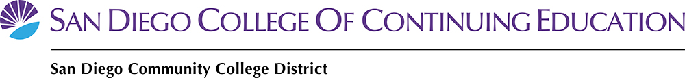 sdcce one line color logo and district text purple and cyan sunburst logo next to wordmark san diego college of continuing education color one line logo and district text