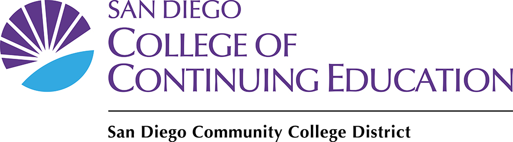 sdcce horizontal color logo with district text purple and cyan sunburst logo next to wordmark san diego college of continuing education color logo and district text