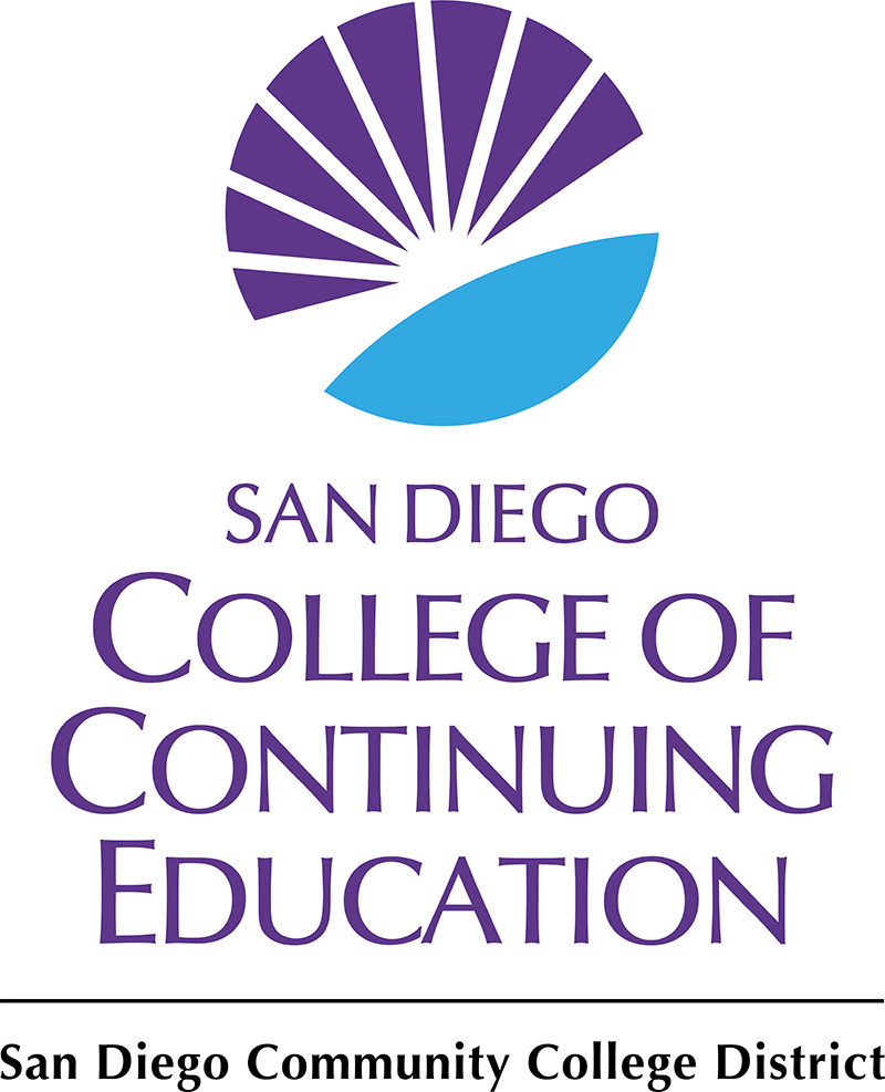 sdcce vertical color logo with district text purple and cyan sunburst logo next to wordmark san diego college of continuing education color logo and district text