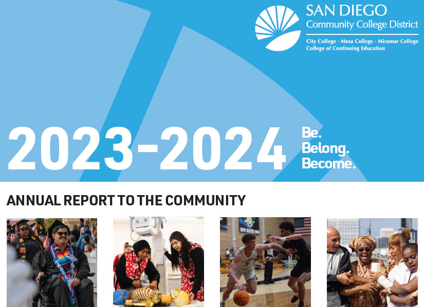 Blue Annual Report cover shows four images of students.