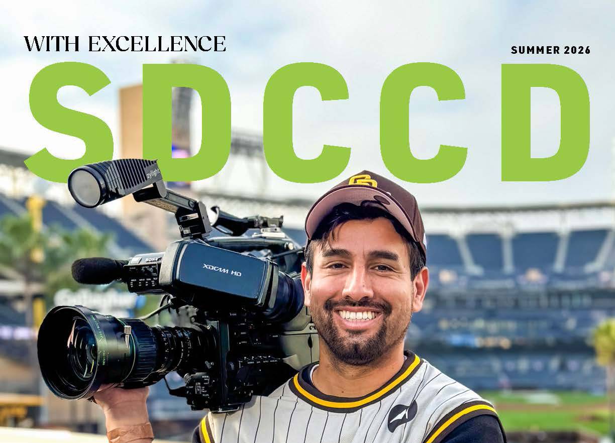 Cover of WE Magazine shows David Pradel wearing a Padres jersey and hat holding a professional video camera on his shoulder with Petco Park in the background.