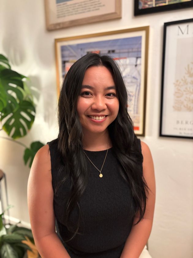 aimee jurado long black hair black dress shirt gold necklace