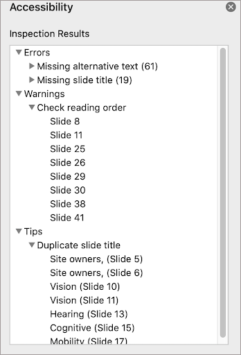 Powerpoint accessibility report showing errors warnings and tips.