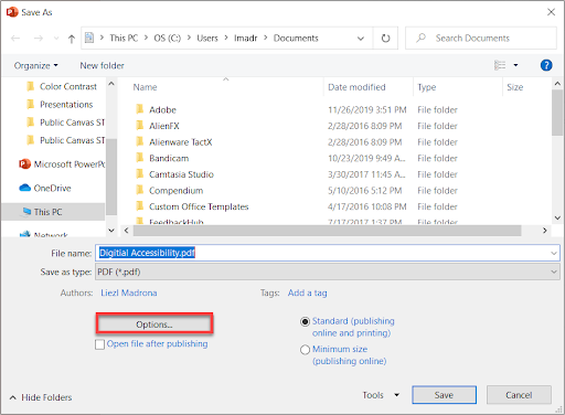 In the Windows version of PowerPoint, select file, then Save As. Choose PDF from the file format menu, then More Options.