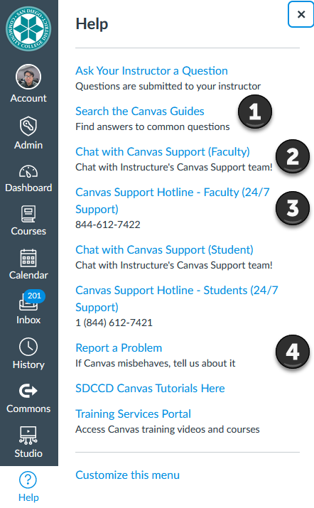 A screenshot of the Canvas Help options