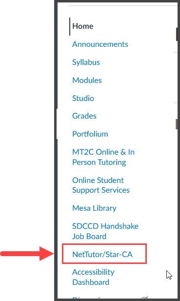 A screenshot of the Canvas Course Navigation menu with an arrow pointing towards the NetTutor link