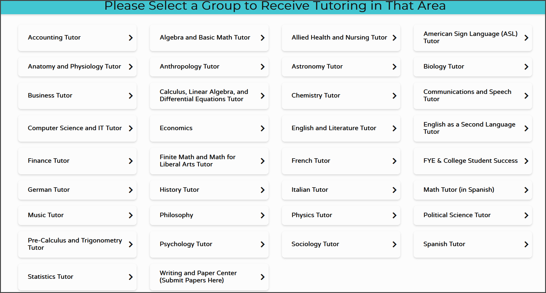 A screenshot of the available topics for tutoring