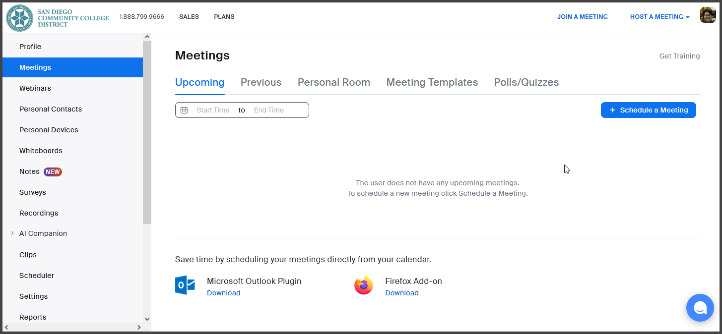 Zoom Meeting dashboard screenshot
